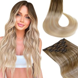 LaaVoo Real Hair Clip-In Extensions 40 cm Remy Ombre Blonde Double Wefts Clip-In Extensions Real Hair Light Brown Balayage Dark Ash Blonde Ombre Platinum Blonde Hair Extensions Clip in 120 g / 7 Pieces
