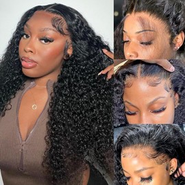 TINICOO 200% Density HD Curly Lace Front Wig Human Hair Deep Wave Wig 13x4 Lace Frontal Wigs Human Hair Curly Wigs for Black Women Pre Plucked with Baby Hair Natural Hairline Natural Color 18 Inch