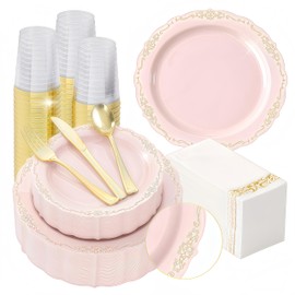 Fijinhom 350 PCS Pink Disposable Plates, Elegant Dinnerware Set for 50 Guests, 100 Plastic Plates, 150 Silverware, 50 Cups & 50 Paper Napkins, Pink