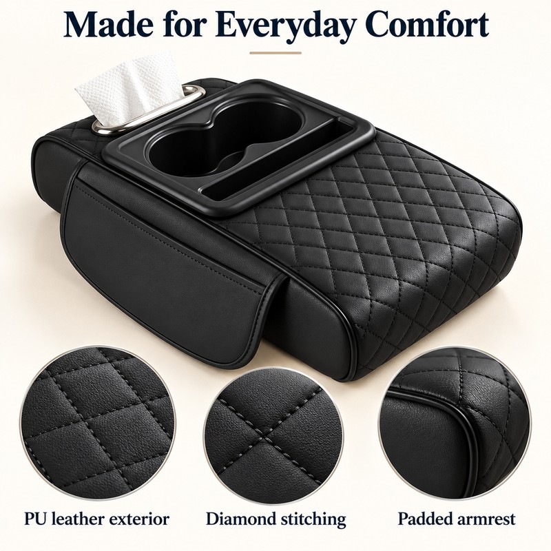Auto Center Console Armrest Cushion With 2 Cup Holder PU
