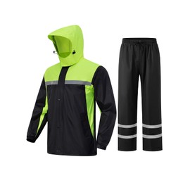 ProHydra Mens Rain Suits with Air Vents Reflective Stripes Waterproof Rain Gear Breathable Jacket Pants for Work Motorcycle Fishing Golf (Black Green, Large)