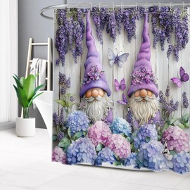 LB Purple Lavender Floral Shower Curtain for Bathroom, Spring Vintage Pink and Blue Hydrangea Flower and Butterfly Fabric Shower Curtain with Hooks,Cute Gnome Bathroom Curtain Shower Set,72"W x 72"L