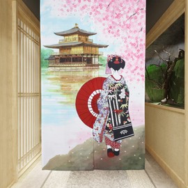 RLoncomix Japanese Noren Doorway Curtain Kyoto Geisha Girls with Temple Cherry Blossom Kitchen Door Curtain Tapestry for Home Decoration 33 x 59 inch
