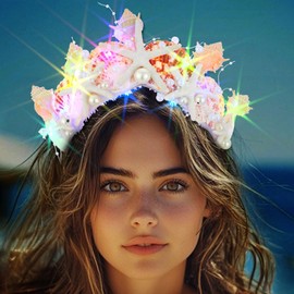 Handcess Light up Starfish Shell Tiaras and Crowns LED Conch Crown Headband Glowing Mermaid Costume Headwear Party Rave Hair Accessories for Women