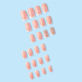 Press on Nails Medium Square, Artificial Fake Nails with Pearl Rhinestones Design, Full Cover Reusable Coffin Shaped Glossy False Nails, White French Acrylic Nails, Glue on Nails for Women Set