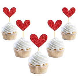 24Pcs Glitter Love Heart Cupcake Toppers for Valentine's Day Decorations, Love Heart Valentine's Day Cupcake Toppers for Wedding Bridal Shower Party Decorations (Red)