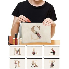 Letter Pattern Cosmetic Bag, Portable Zipper Travel Storage Flower Print Toiletry Pouch, Women's Bags for Wedding Bridal Bridesmaid Makeup Bag - Color: White, Size: Letter-V