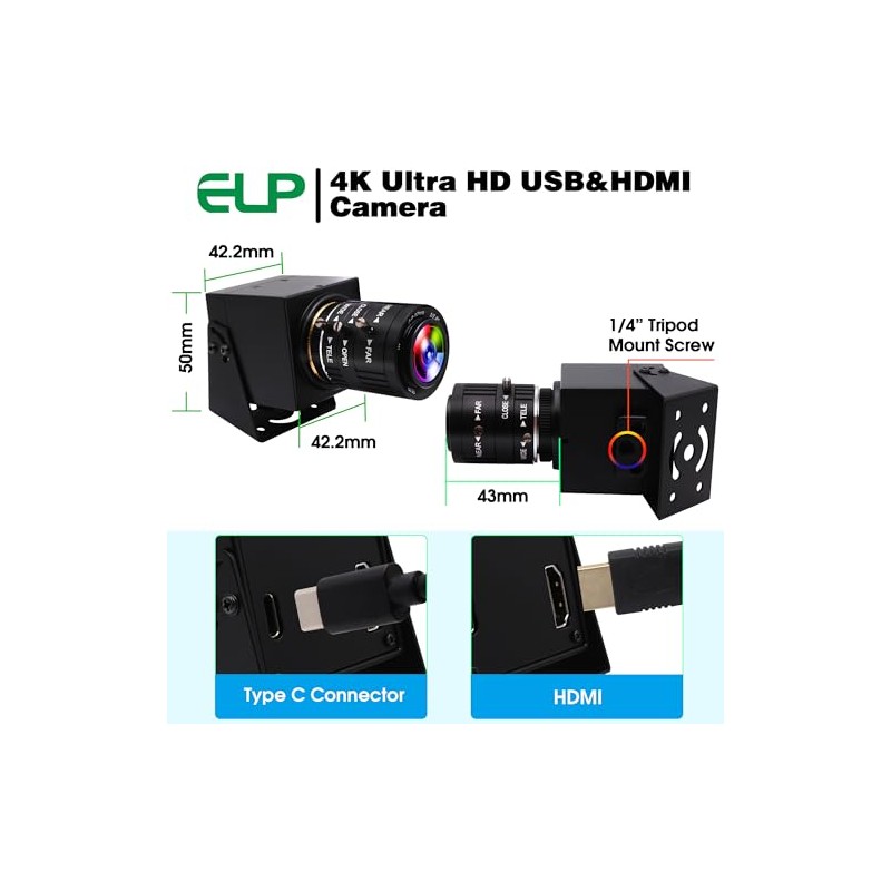 ELP Cámara USB HDMI 4K con zoom manual, cámara web