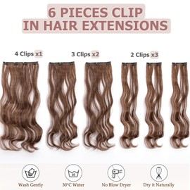 Cybelleza 48 cm Clip-In Hair Extensions, Hairpiece Like Real Hair, 6 Pieces, Hair Extensions, Clip-In Hairpiece, Wavy Hair Thickening, Synthetic Hair, Dark Brown Mix, Light Auburn