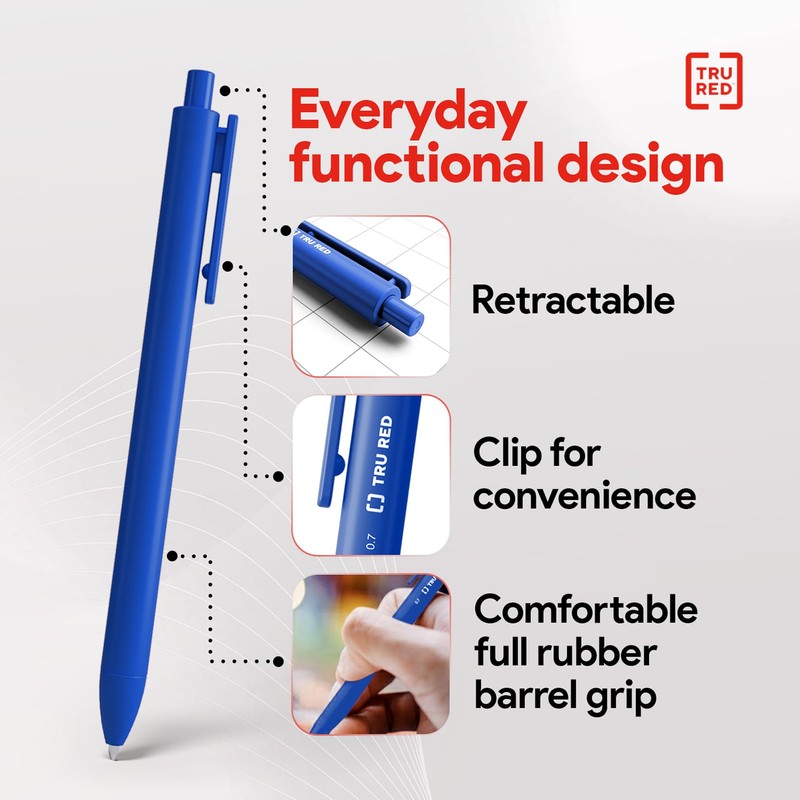 TRU RED Retractable Gel Pens, Medium Point 0.7mm, Blue Ink,