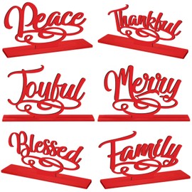 Suzile 6 Pcs Merry Christmas Table Decorations Plate Letter Sign Thankful Family Wooden Sign Letter Cutout Table Centerpiece Blessed Joyful Peace Tabletop Standing Sign Inspirational decor for Home