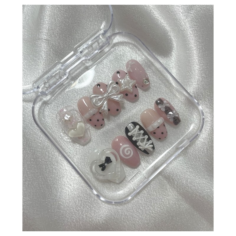 Chic Blackpink Dot Handmade Nail Tips - Long Ballerina /