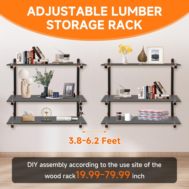 6 Pack Lumber Rack Wall Mount, Heavy Duty Wood Storage