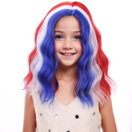 PATTNIUM Blue Red White Wig for Kids Child 4th of July Wig Short Curly Wavy Red Blue White Wig Fourth of July Party Wig Heat Resistant Synthetic Wig