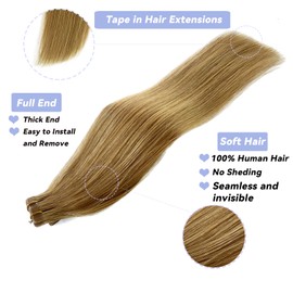 Tape in Hair Extensions Human Hair, 50grams/20pcs Tape on Extensions with Invisible Tape and Traceable Remy Soft Silk Straight Human Hair Extensions Color # 27 Blonde for Girls/Women