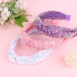 Brimekichio Sequin Headbands for Girls, Knotted Kids Headbands, White Pink Purple Sparkly Hair Band Girl Hair Accessories