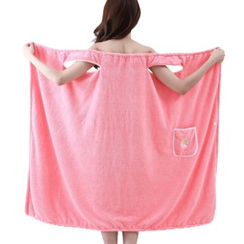 Toallas de Baño Super Absorbente y Secado Rápido, Toallas de Baño Grandes para Cuerpo, Toalla de Baño para Mujer Hasta La Rodilla, Bata de Toalla Mujer, Vellón de Coral Toalla de Baño (100x145cm Rosa)