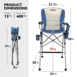 Foldable Directors Makeup Salon High Chair - Portable Camping Bar Height Folding Photoshoot Chairs with Stroage Bag Cup Holder Non-Slip Footrest, Supports 400 lbs Blue Tall Director Chair