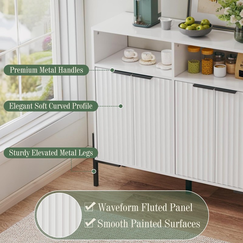 White Buffet Cabinet with Storage, Fluted Storage Cabinet with Doors