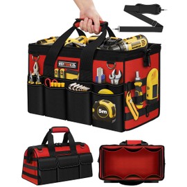 16-Inch Heavy Duty Tool Bag, 19-Pockets Tool Box Organizer, Portable Toolbag W/Soft Handle for Organized Storage, Mechanic Gifts for Men Dad Husband Him Christmas, Wide Mouth Toolbox Organization, Red
