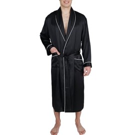 OSCAR ROSSA Men's Luxury Silk Sleepwear 100% Mulberry Silk Long Robe Kimono, Black Solid, XXL