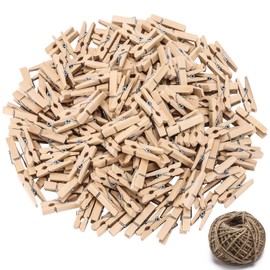 Mini Clothes Pins Kit, 200pcs 3.5cm Small Photo Wood Clips, 164 Feet Jute Twine for Wall Decor Hanging