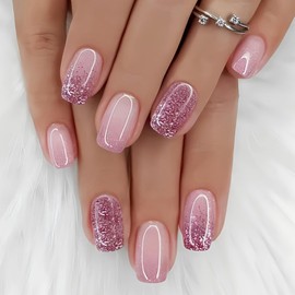 24pcs Short Coffin False Nails, Glitter Purple Pink Press on Nail,Removable Full Cover Acrylic Stick on Nails for Women,Nail Art Accessories (Pink,Purple Glitter)