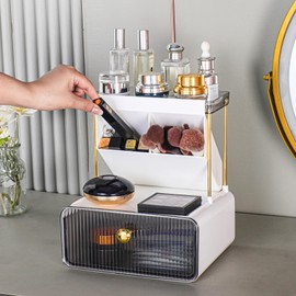 YCIA&DONE Makeup Organizer with Drawers, Shelves, Brush Holders, Countertop Organizer for Bathroom, Vanity, Cabinets, Dresser, 9.01 x 8.46 x 10.23 inches (Gray)