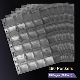 450 Pockets Coin Binder Pages (9-Hole Coin Pocket Pages) - 15 Pages (30/Page) | Coin Protector Sheets | Display Coins Tokens Medals | NEIXIILY