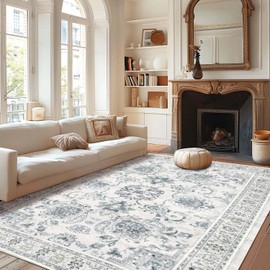 TTRWIN 6x9 Area Rugs - Non-Slip Machine Washable Boho Low Pile Indoor Rug, Pet & Child Friendly, Vintage Home Decor Rug Perfect for Living Room, Bedroom, Dinning Room (6x9 Light Blue)