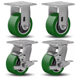 Unbranded 4"X 2" Heavy Duty Casters  Polyurethane on Aluminum  Capacity up to 800-3200 LB - 2 Brake 2 Rigid