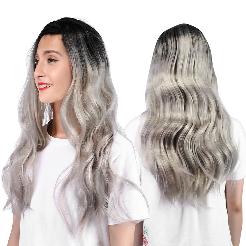 Long Curly Wavy Wigs Women Female Synthetic Hair Black Gray