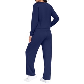 GRECERELLE Tracksuit Womens Full Set Autumn Long Sleeve Lounge Wear Sets for Women Two Piece Outfits Activewear Casual Crew Neck Pullover Tops and Jogging Bottoms with Pockets (Navy Blue, M)