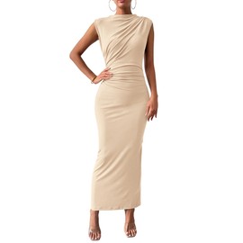 BTFBM Women's Ruched Bodycon Dress Summer Casual Sleeveless Back Slit Elegant Club Evening Party Cocktail Maxi Dresses(Beige, Small)