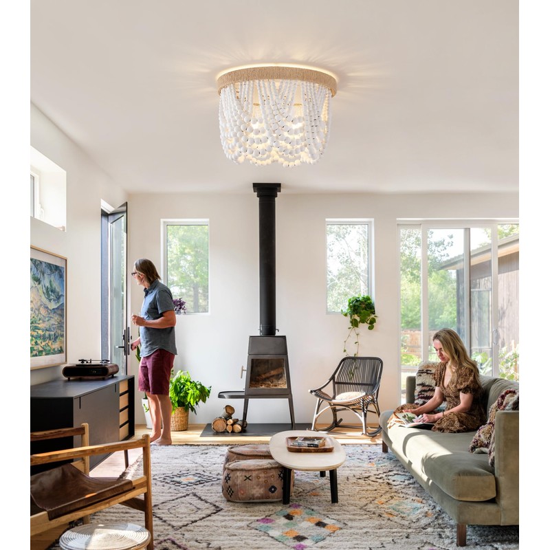 AMZASA White Boho Wood Beaded with Hemp Rope Flush Mount