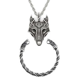 TURTLEDOVE Viking Wolf Head Necklace and Fenrir Bangle Set, Stainless Steel Norse Fenrir Pendant, Nordic Scandinavian Amulet 2PCS