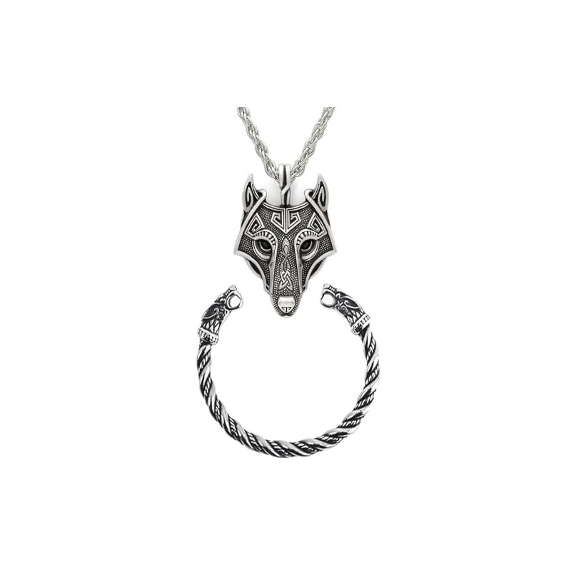 TURTLEDOVE Viking Wolf Head Necklace and Fenrir Bangle Set, Stainless