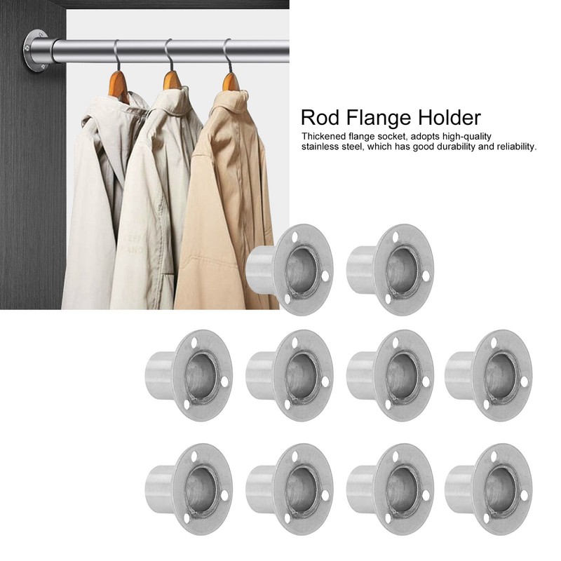 10Set Flanged Holder Base Thicken Stainless Steel Closet Rod Tube