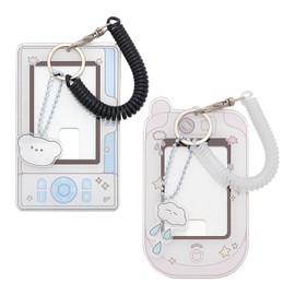 NICENEEDED 2 PCS Cloud Bear Photocard Holder with Spiral Wrist Coil, Cartoon ID Badge Holder Photo Card Protective Sleeves, Cute ID Card Cover with Keychain Badges Supplies