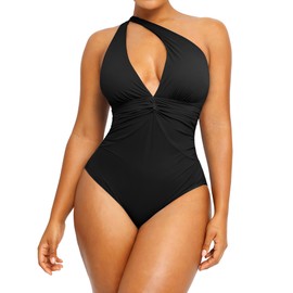 SHAPELLX Tummy Control Swimsuit for Women Ruched V Neck One Piece Bathing Suit Full Coverage Shapewear Swimsuits Black