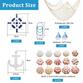MIPIACE Dekoratives Fischernetz 2Mx1.5M Nautisches Fischnetz Fischernetz Deko Netz mit Muscheln Büroklammern Segelboot Holzanker Holzruder Fischernetz im Mediterranen Stil für Party Fotografie Zuhause