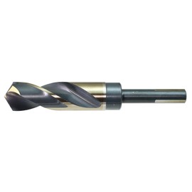 Drillco 1000N Series High-Speed Steel Nitro Reduced Shank Drill Bit, Black/Gold Oxide Finish, Round with Flats Shank, Spiral Flute, 118 Degree Split Point, 9/16" Size