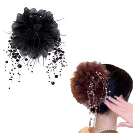 iRIIRIO 1pc Large Hair Claw Clips with Oversized Floral Bows Beaded Tassel Pearls Hair Clips Accessroies for Women Girls Thick Hair (Black)