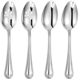 KEAWELL Pearl Edge Premium Serving Spoon Set, 18/10 Stainless Steel, 9" Fine Hostess Utensils with Refined Bead Design, Brightly Polished, Dishwasher Safe (2 Serving, 2 Slotted Spoons)