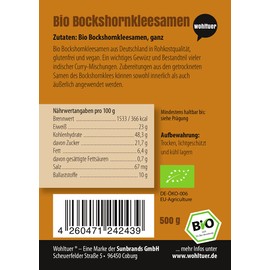 Wohltuer Organic Fenugreek Seeds 500 g | Organic Fenugreek Seeds from Bavaria | Organic Fenugreek Tea | Fenugreek Spice