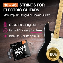 Henrys® Guitar Strings Electric Guitar 10-46 - Strings for Electric Guitar Light - Extra E1 String & 3 Plectrums Free - Electric Guitar Strings with Nickel-Plated Exterior and Stainless Steel Core -