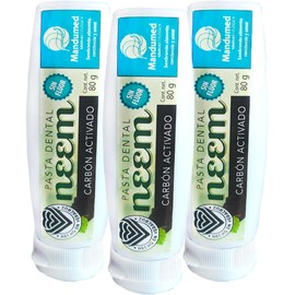 3-Pack Pasta Dental Sin Flúor de Neem con Carbón Activado, 80 G. Pasta de dientes libre de flúor con Neem ideal para viajar. Mandumed Granja Ecológica