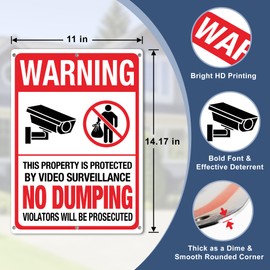 No Dumping Signs Private Property, 14.17''x11'' No Dumping Video Surveillance Sign, 40mil Rust-Proof Private Dumpster Sign, UV Printed No Illegal Dumping Sign Large for Business & Home, Easy to Mount