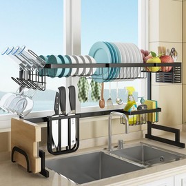 Large Over The Sink Dish Drying Rack (33.4"-41.3") 2 Tier Length Adjustable Dish Drainer for Kitchen Sink Auto Drainage Space Saving Kitchen Organizer, Black