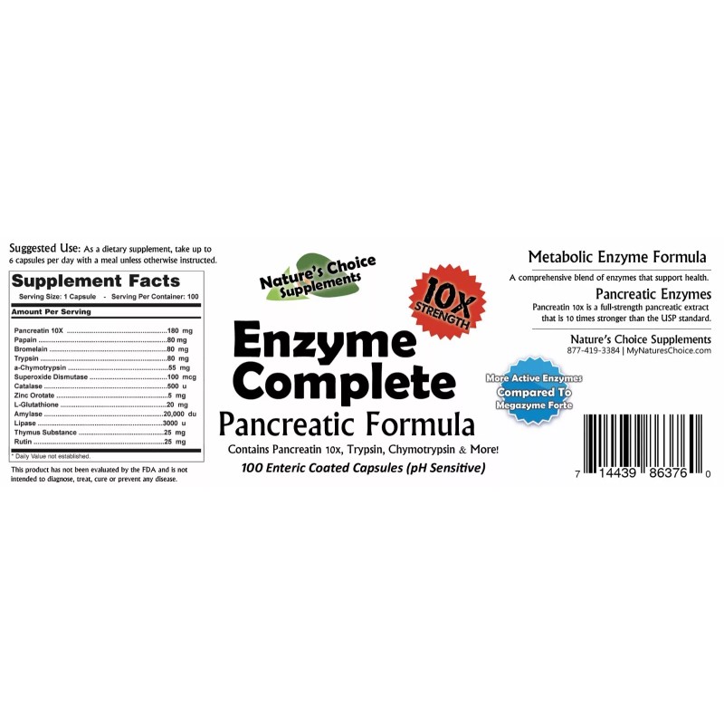Nature's Choice Supplements Chymotrypsin Enzymes Extra Strength 100 Capsules